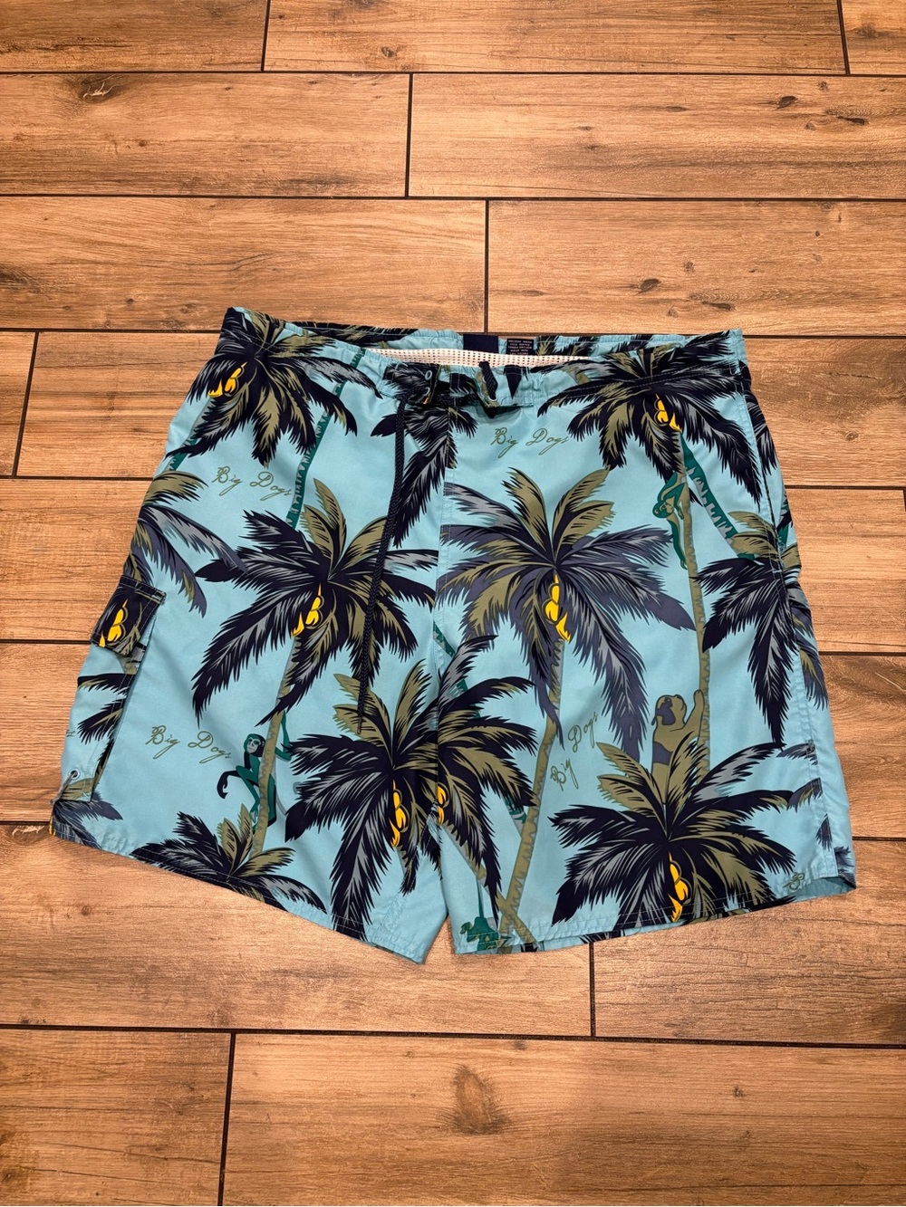 Vintage Big Dogs Swim Trunks Mens XL Blue Palm Tree Monkey Board Shorts